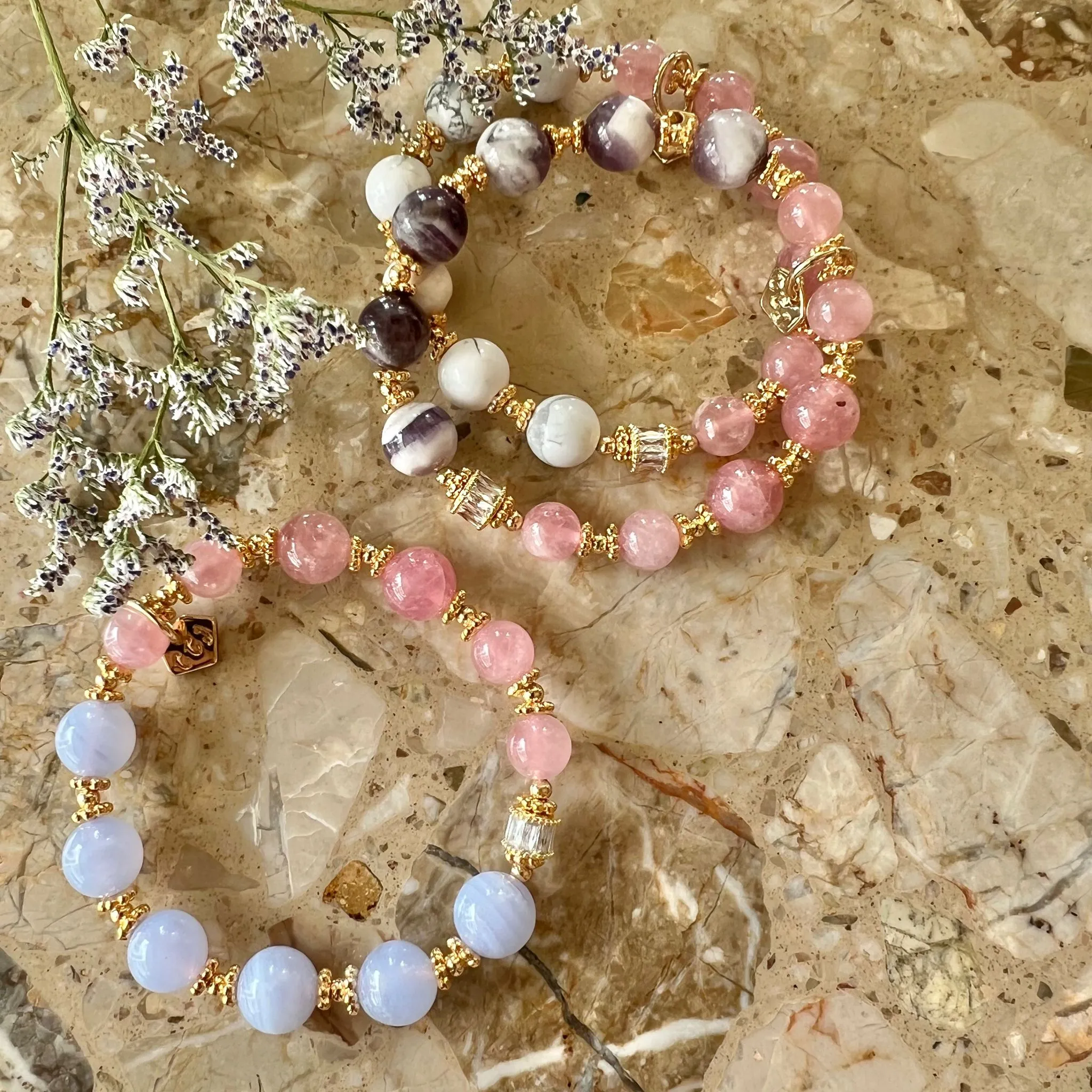 Madagascar Rose Quartz & Blue Lace Agate Moon Bracelet