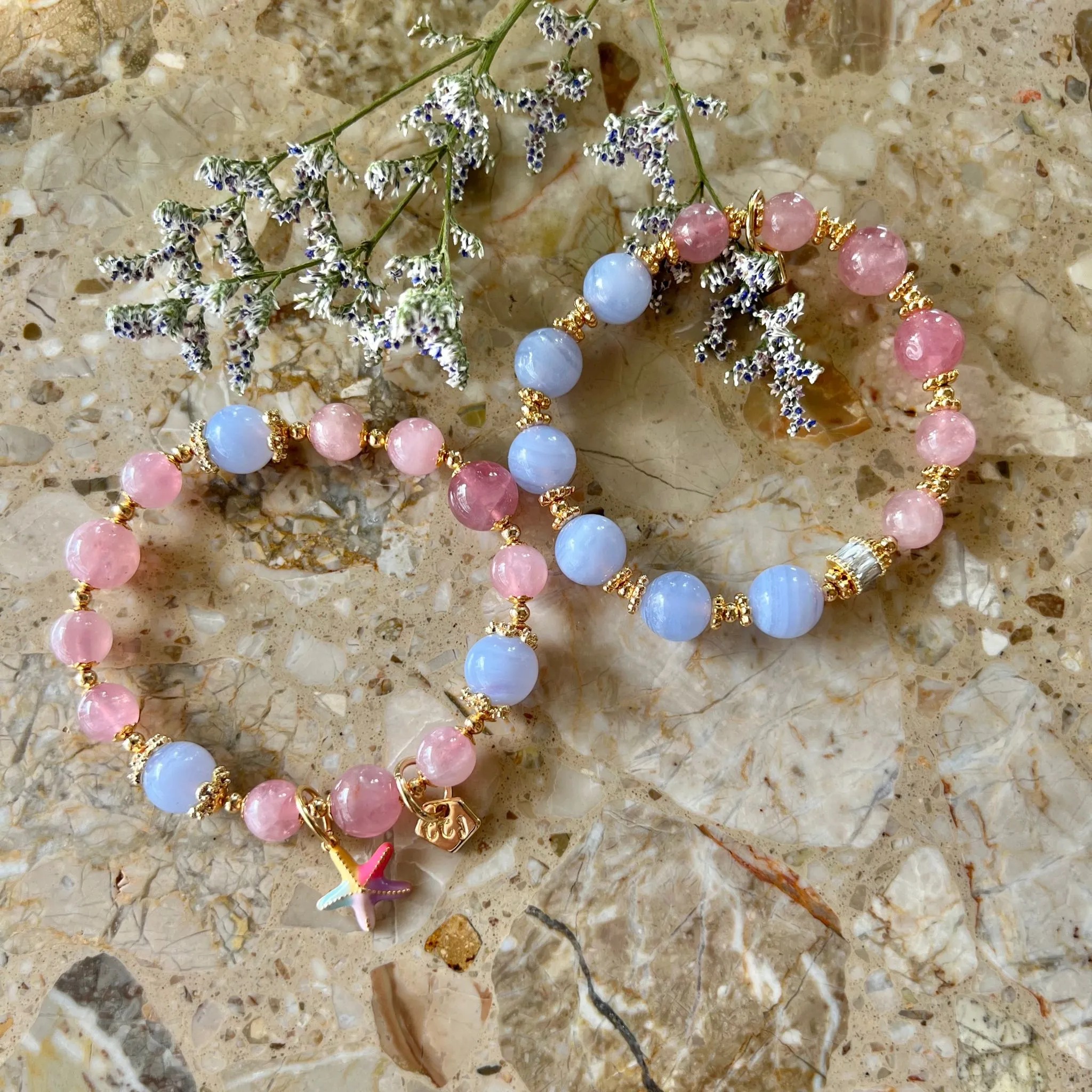 Madagascar Rose Quartz & Blue Lace Agate Moon Bracelet