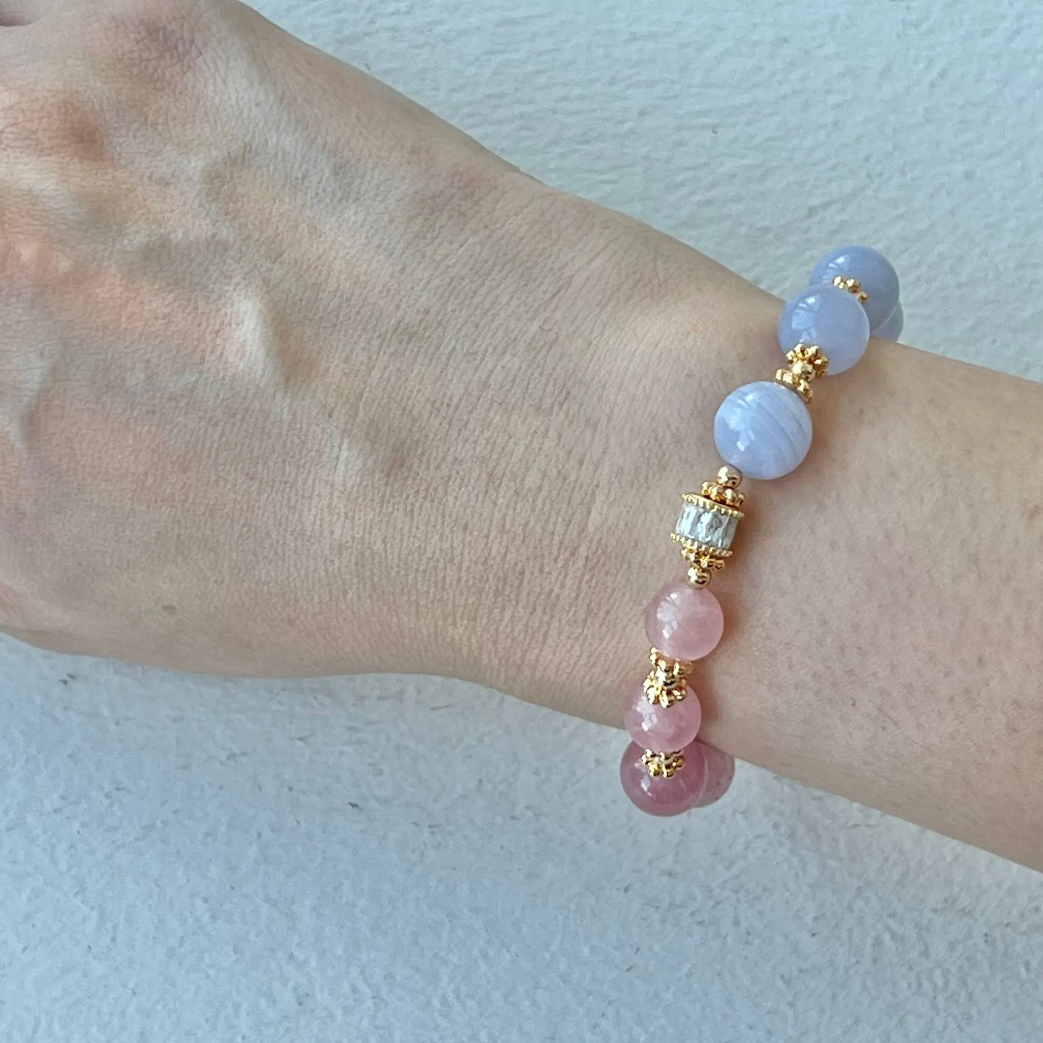 Madagascar Rose Quartz & Blue Lace Agate Moon Bracelet