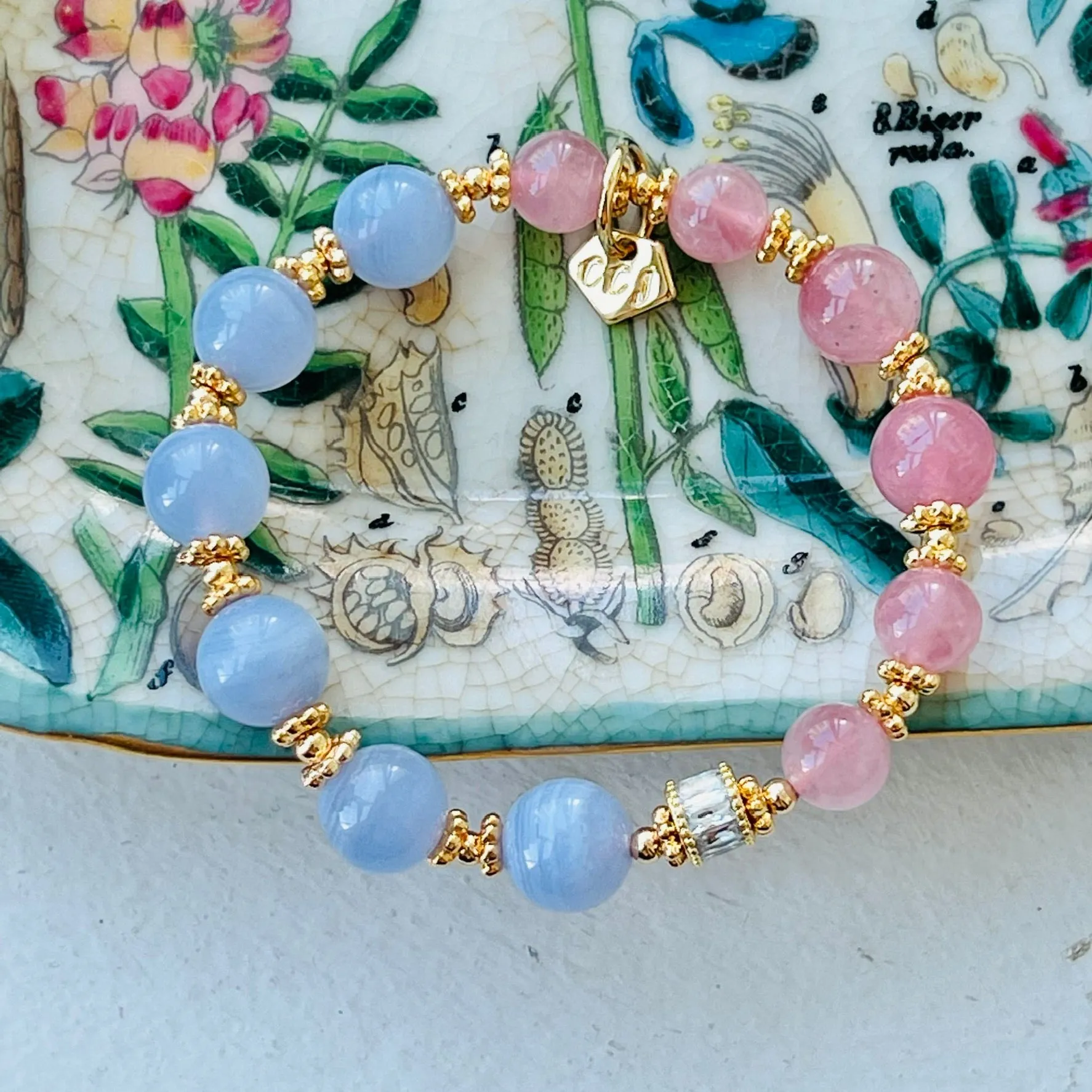 Madagascar Rose Quartz & Blue Lace Agate Moon Bracelet