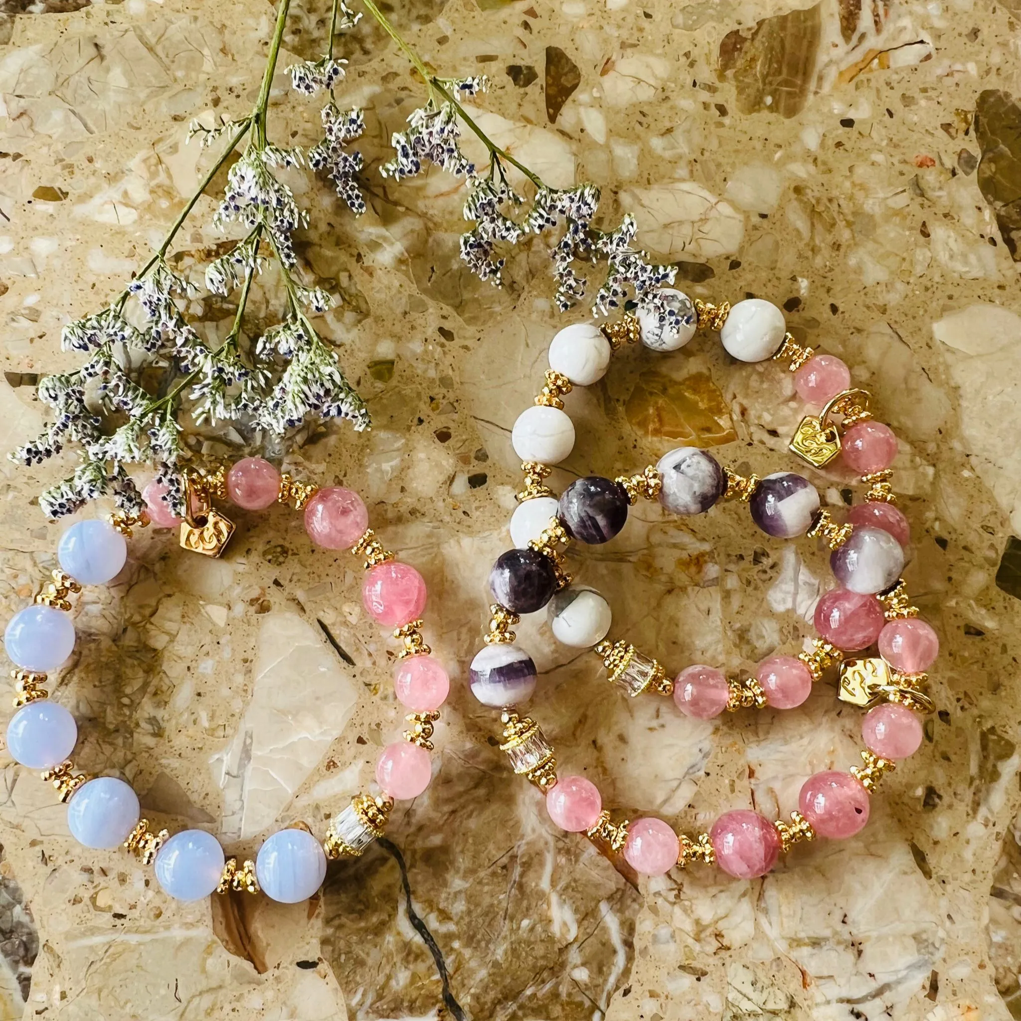 Madagascar Rose Quartz & Blue Lace Agate Moon Bracelet