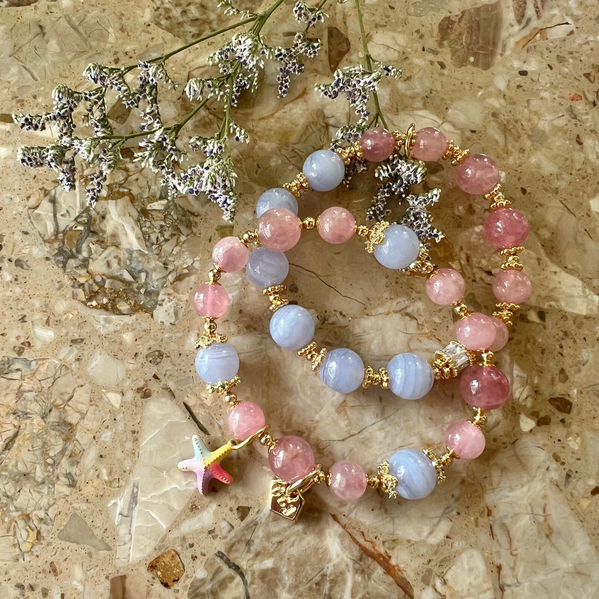 Madagascar Rose Quartz & Blue Lace Agate Moon Bracelet