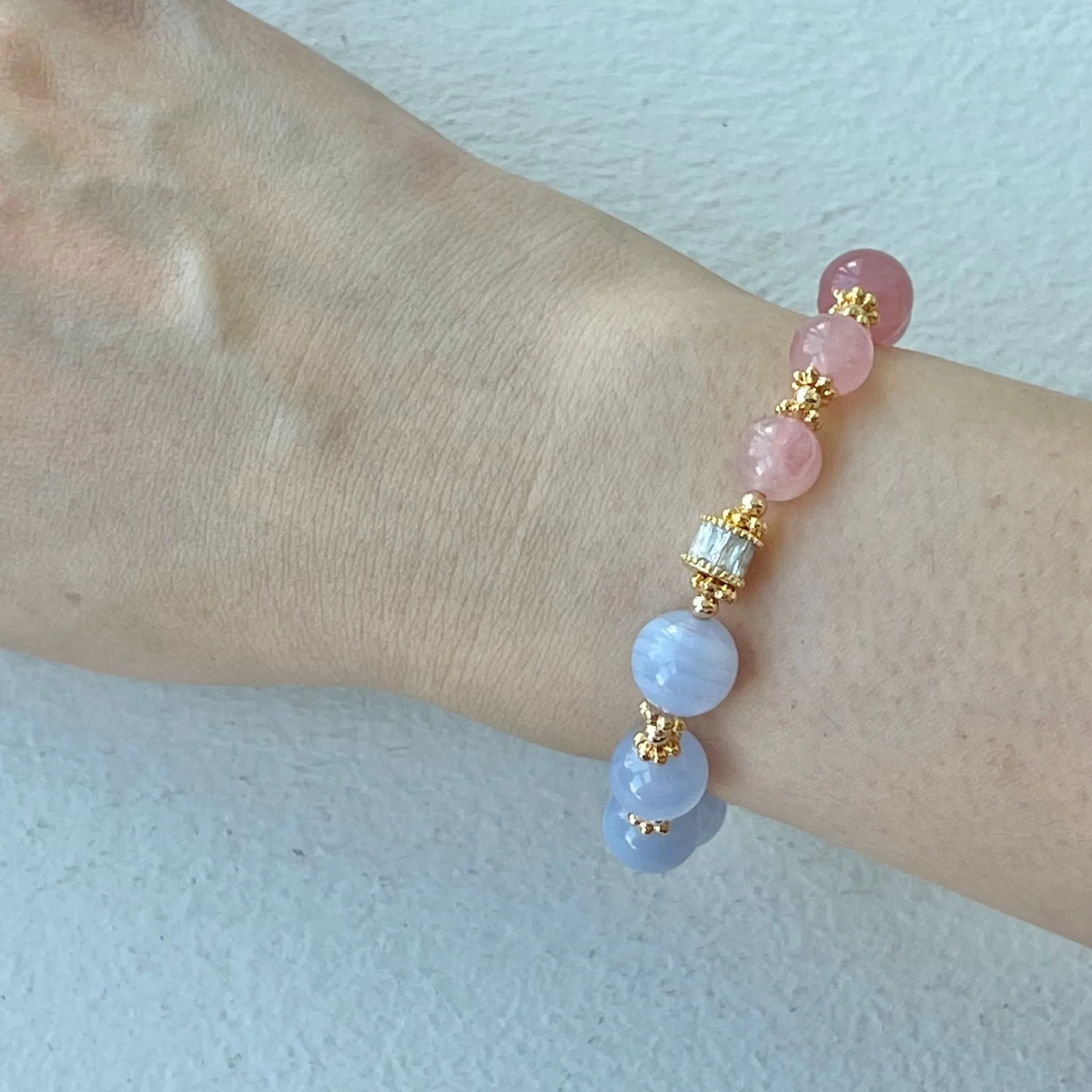 Madagascar Rose Quartz & Blue Lace Agate Moon Bracelet