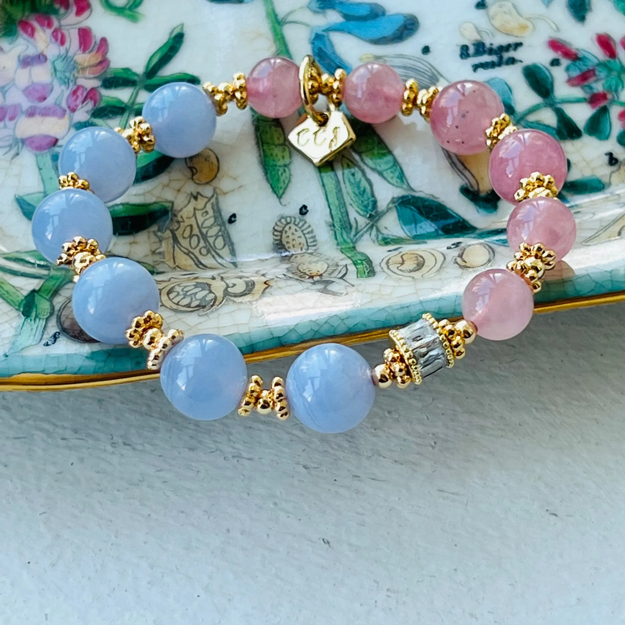 Madagascar Rose Quartz & Blue Lace Agate Moon Bracelet