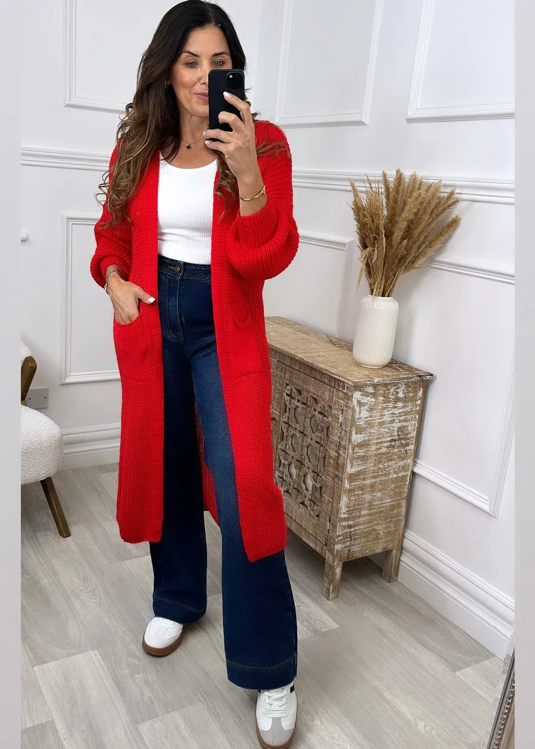 Margarets Elegant Longline Cardigan in Vibrant Red