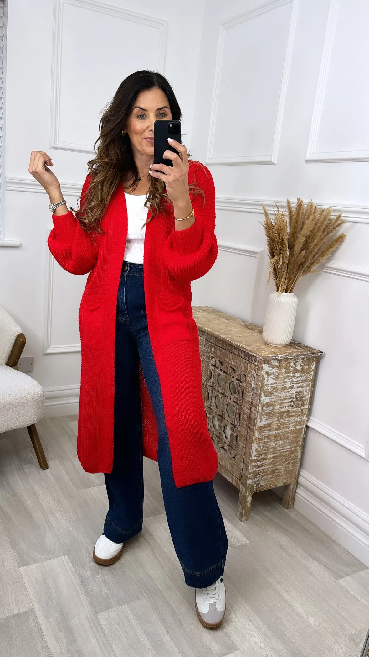 Margarets Elegant Longline Cardigan in Vibrant Red