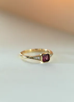 Mari diamond square rhodolite ring 14k gold