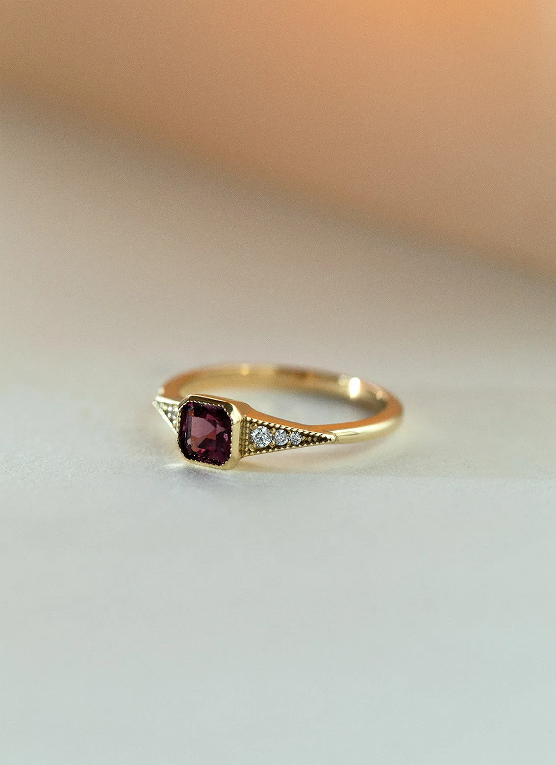 Mari diamond square rhodolite ring 14k gold