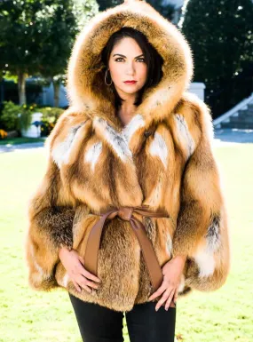 Natural Red Fox Fur Cape with Hood