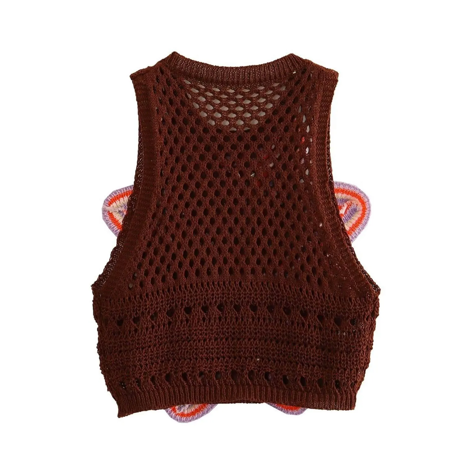 Nostalgic 90s Crochet Rosette Applique Crew Neck Open Knit Crop Tank Top