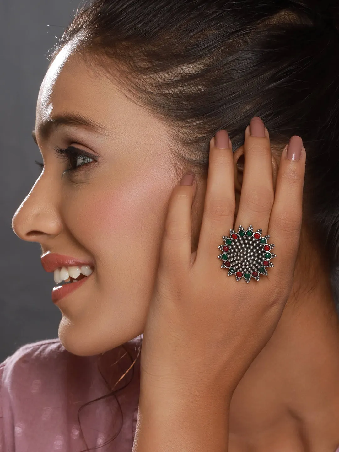 Oxidised Silver-Toned Red & Green Stone-Studded Adjustable Finger Ring