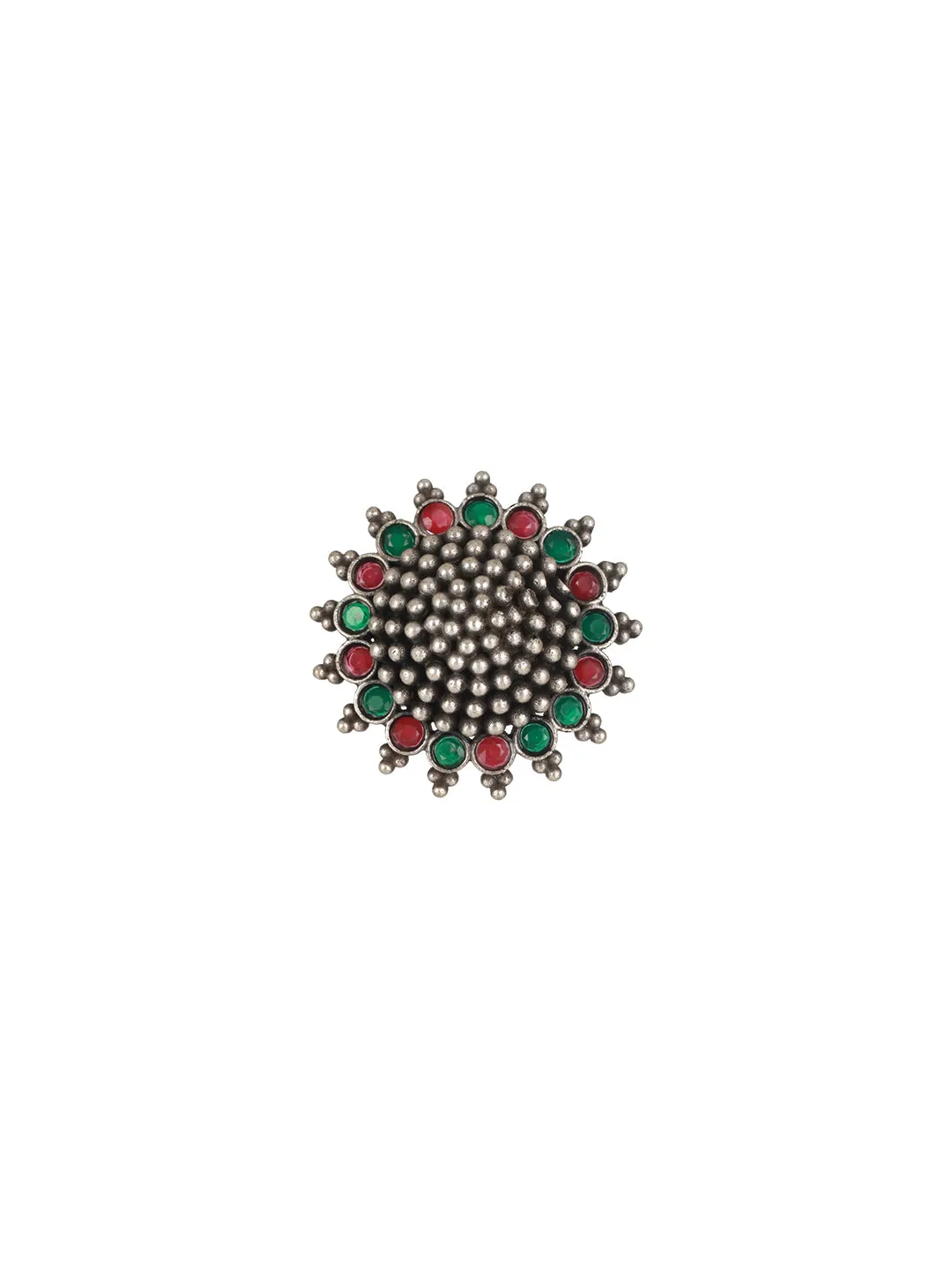 Oxidised Silver-Toned Red & Green Stone-Studded Adjustable Finger Ring