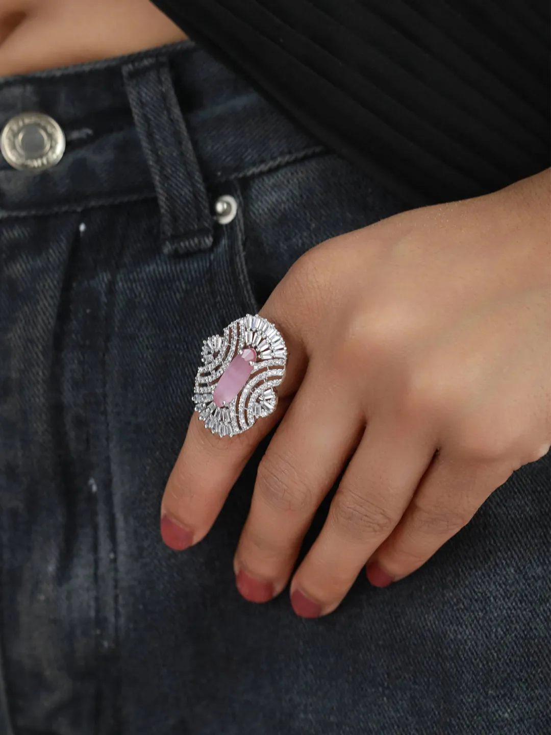 Pink American Diamond Studded,Silver-Plated Cz Studded Adjustable Finger Ring