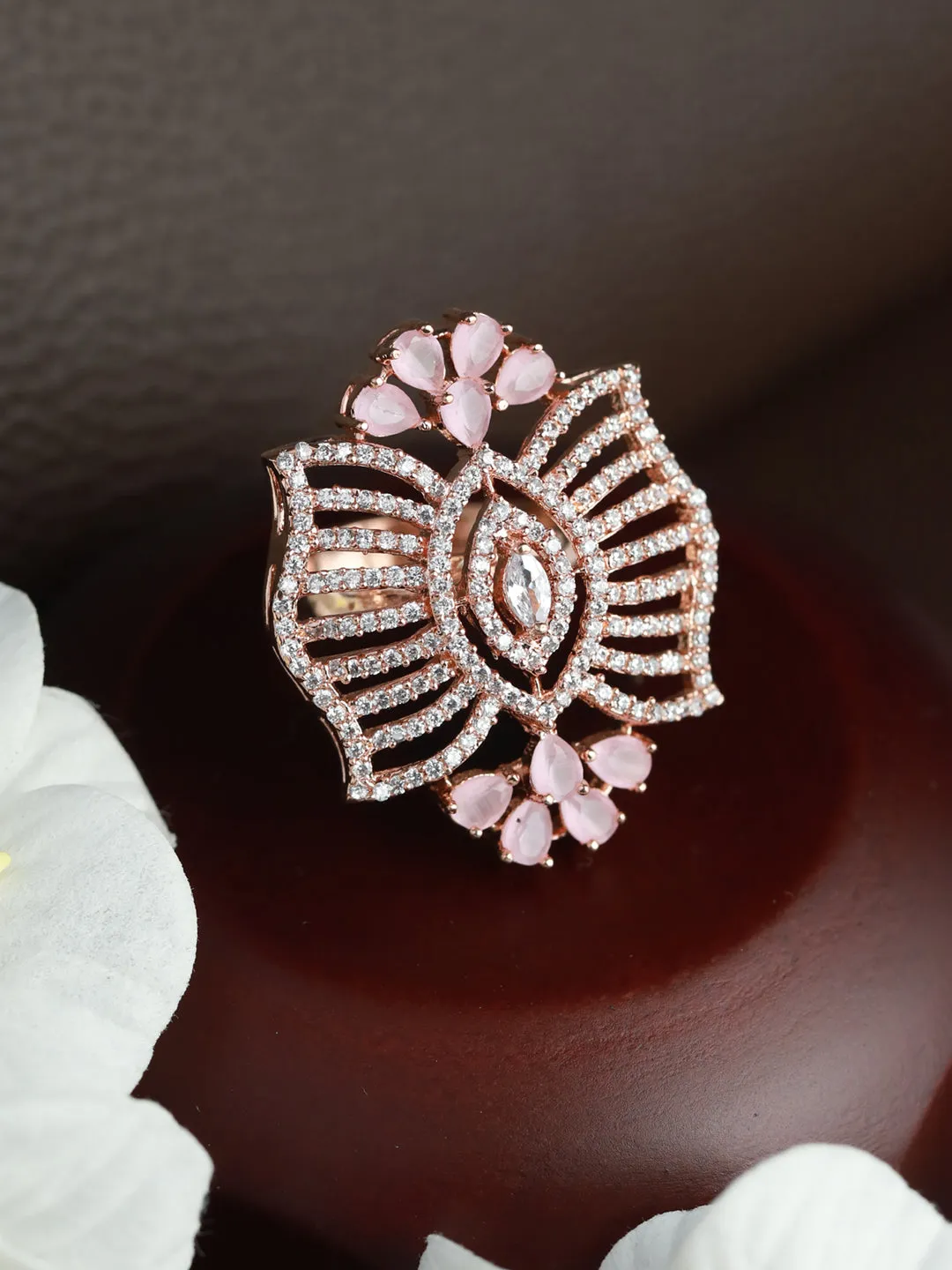 Pinkish Red Rose Gold Plated American Diamond Studded Adjustable Square Shaped Finger Ring