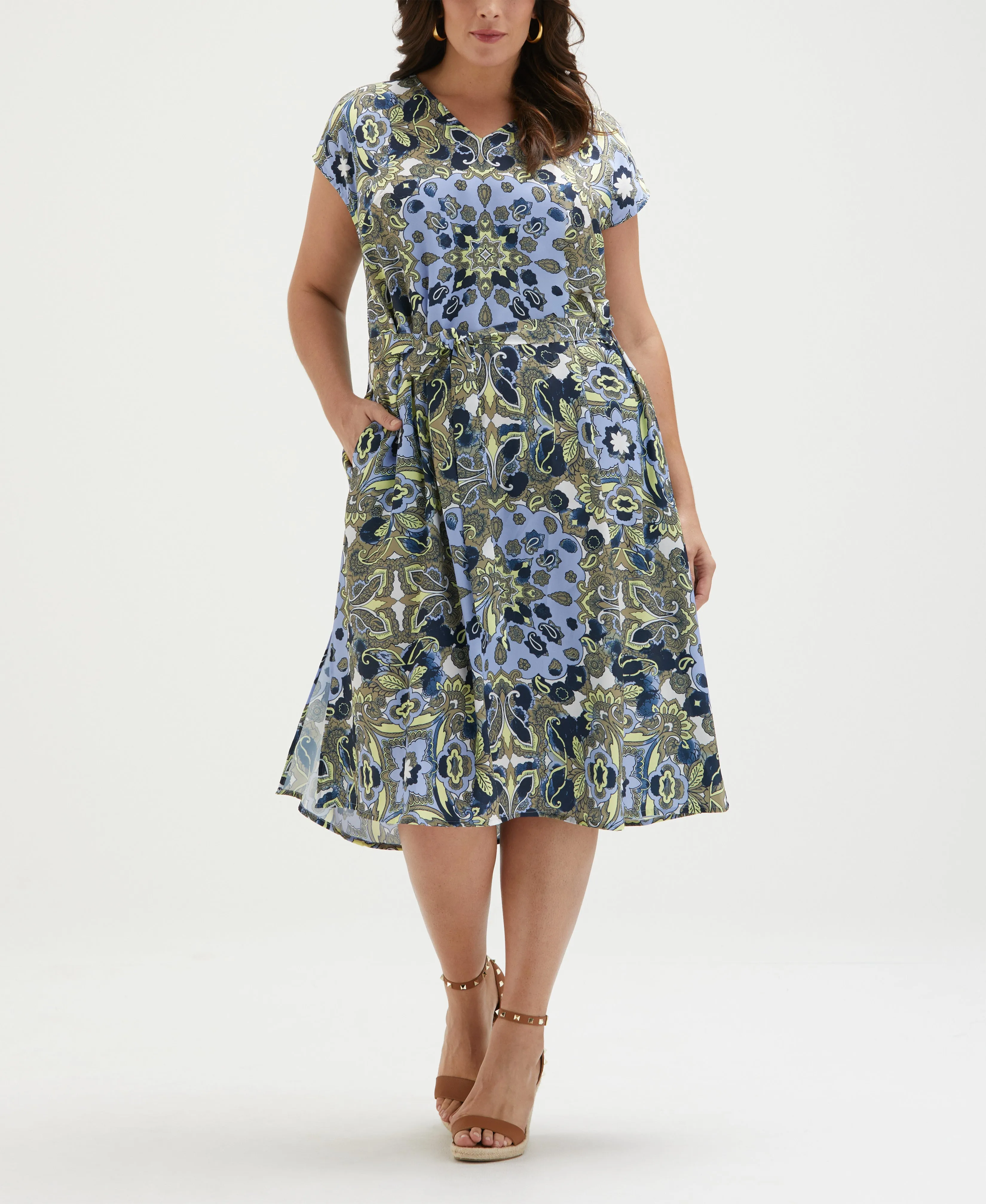 Plus Size Scarf Print Self Tie Dress