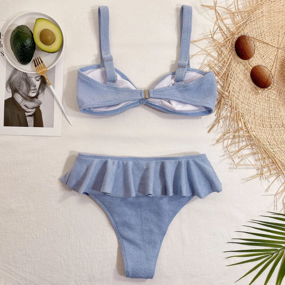 Pretty Blue Bow Tie Bralette Ruffle Cheeky Textured Knit Bikini Set