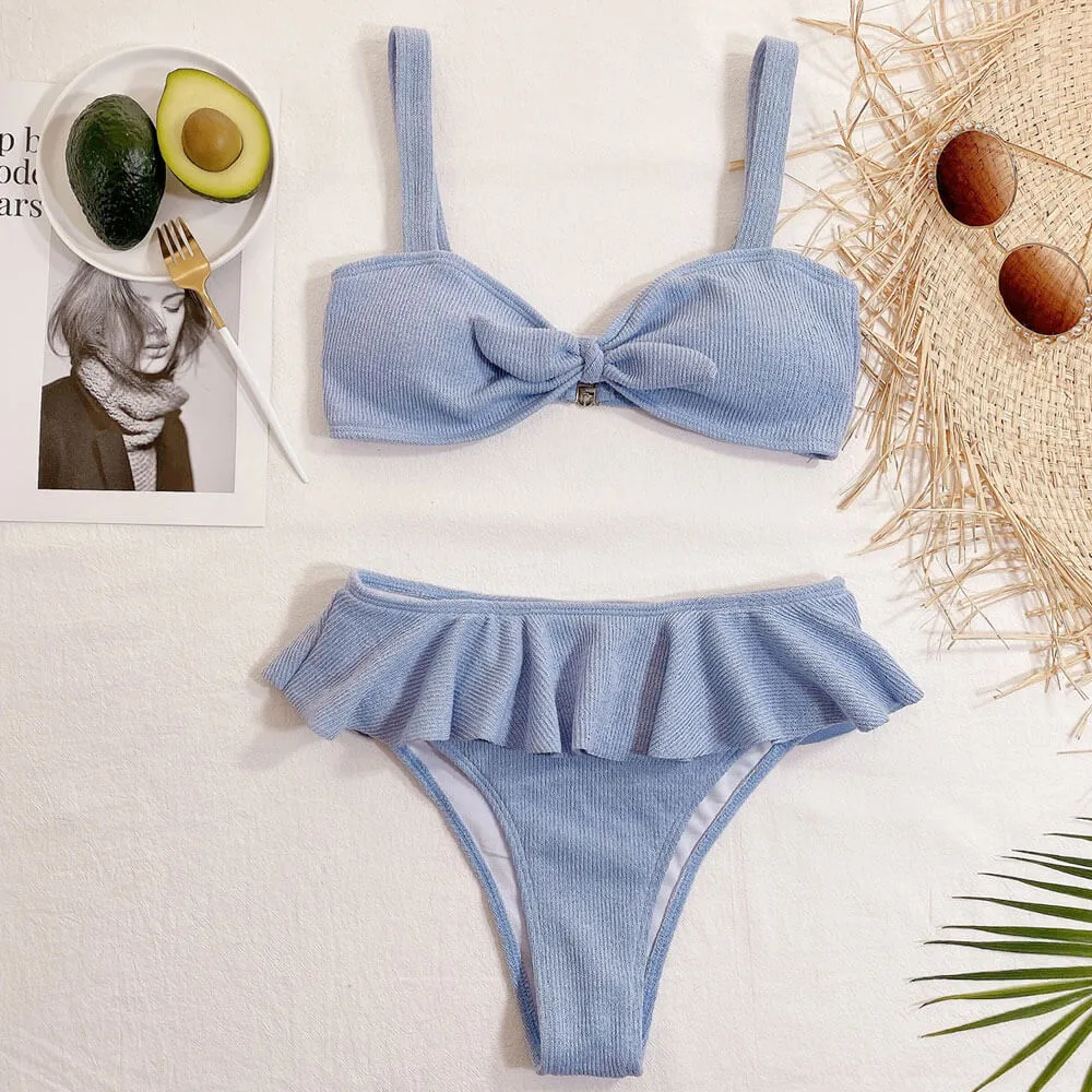 Pretty Blue Bow Tie Bralette Ruffle Cheeky Textured Knit Bikini Set