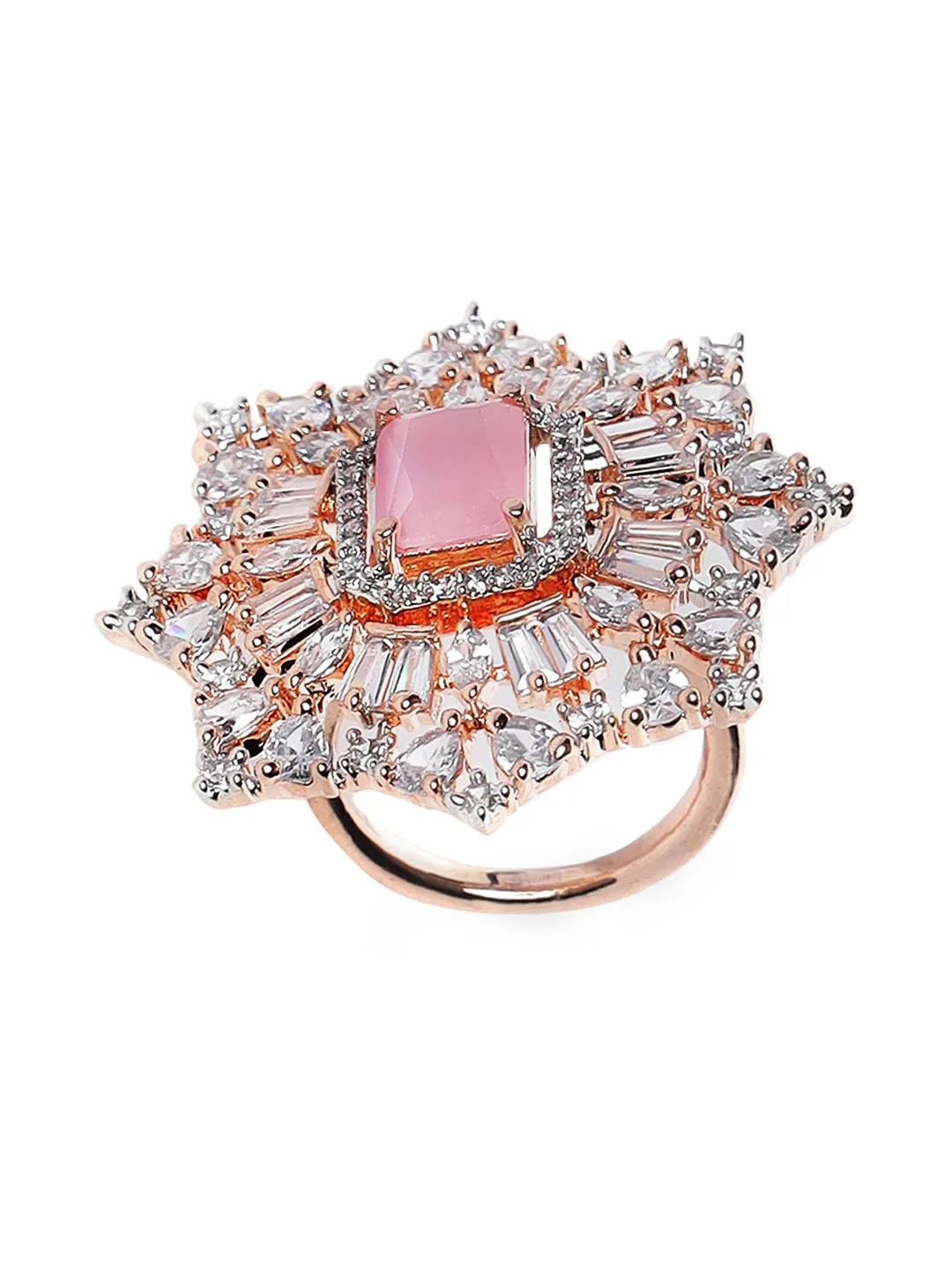 Rose Gold-Plated Pink Ruby & White Ad-Studded Handcrafted Adjustable Finger Ring