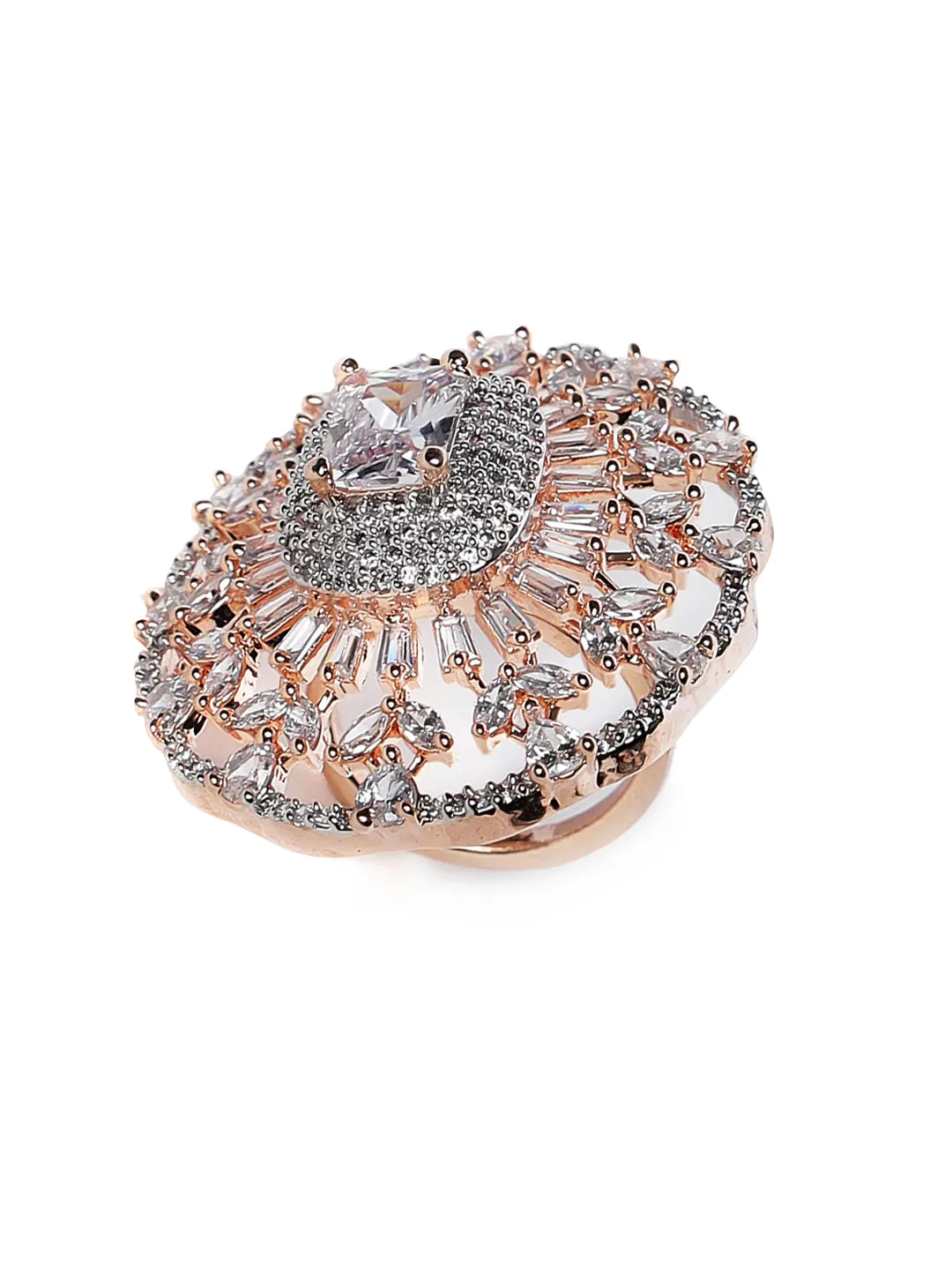 Rose Gold-Plated Silver-Toned Ad-Studded Oval Shape Adjustable Finger Ring