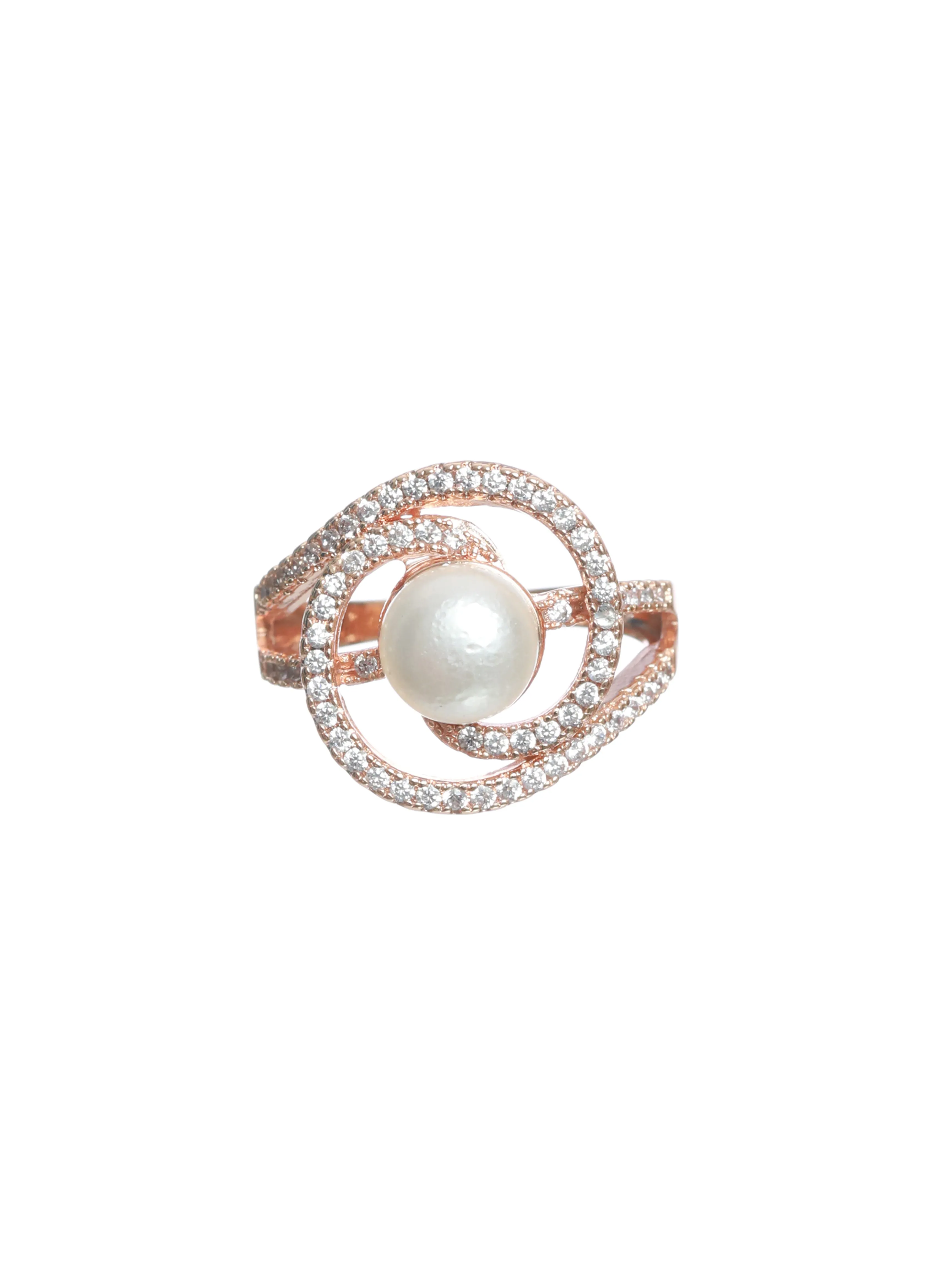 Rose Gold-Plated White Cz-Studded Adjustable Pearl Ring