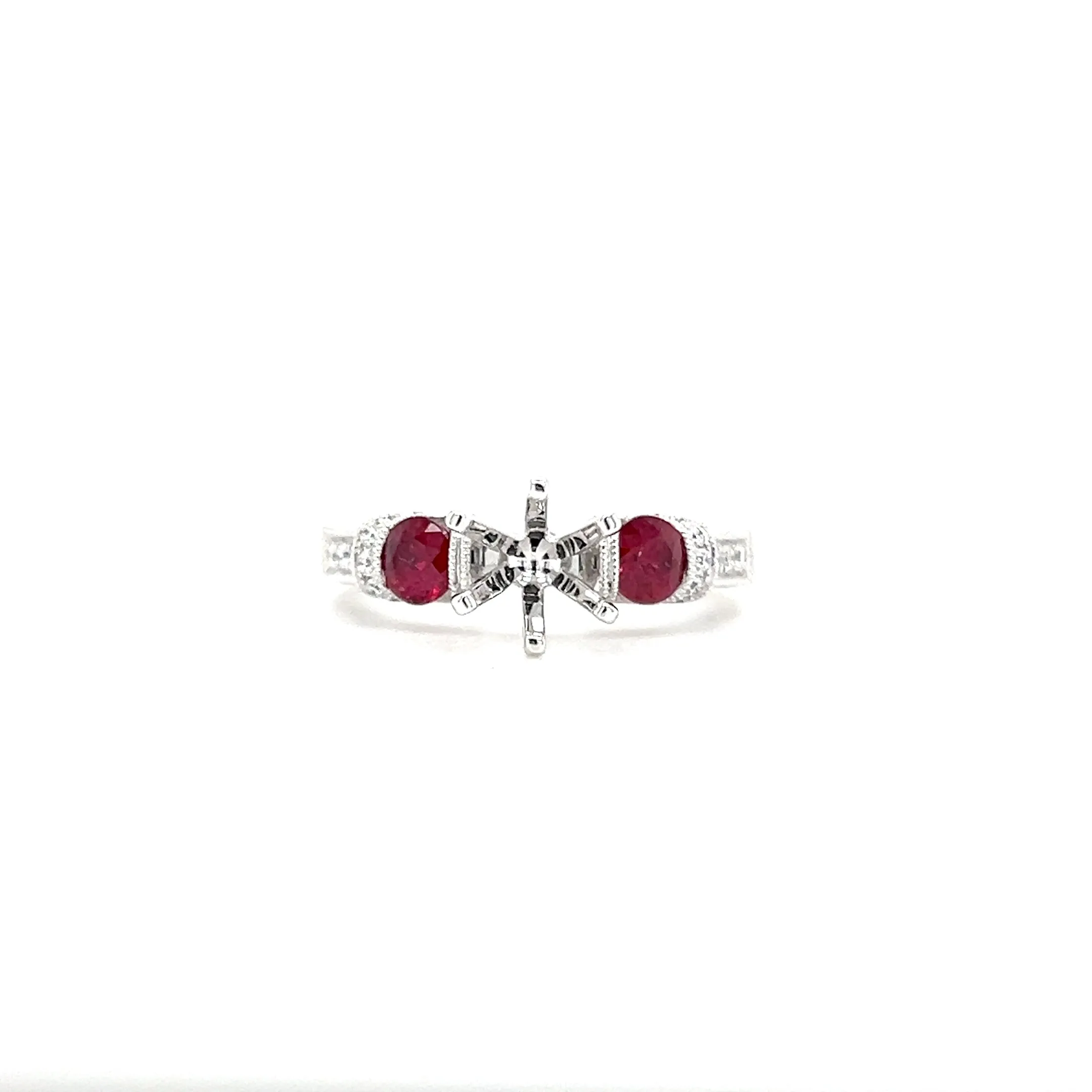 Ruby Three Stone Ring Setting with 0.16ctw of Diamonds in 14K White Gold