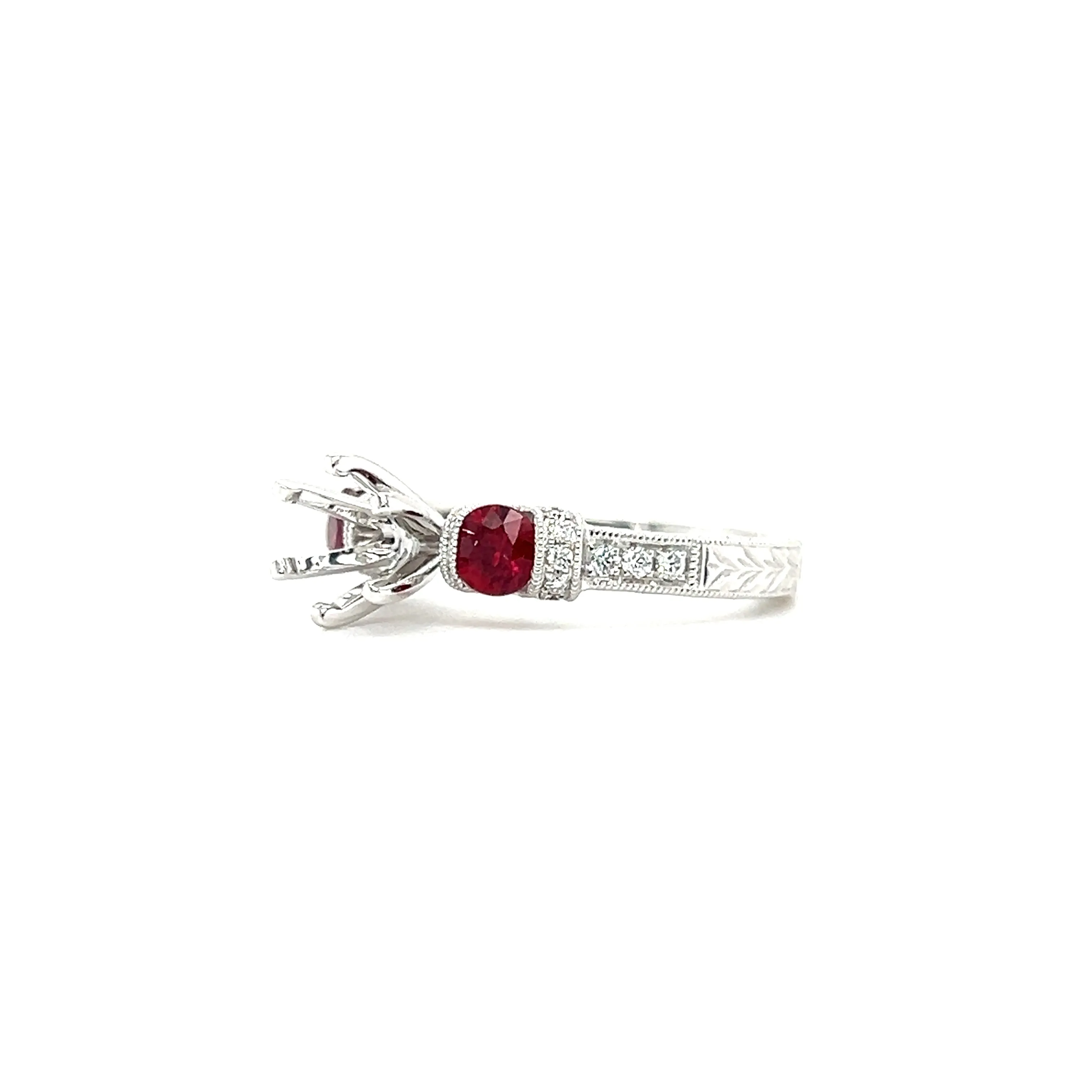 Ruby Three Stone Ring Setting with 0.16ctw of Diamonds in 14K White Gold