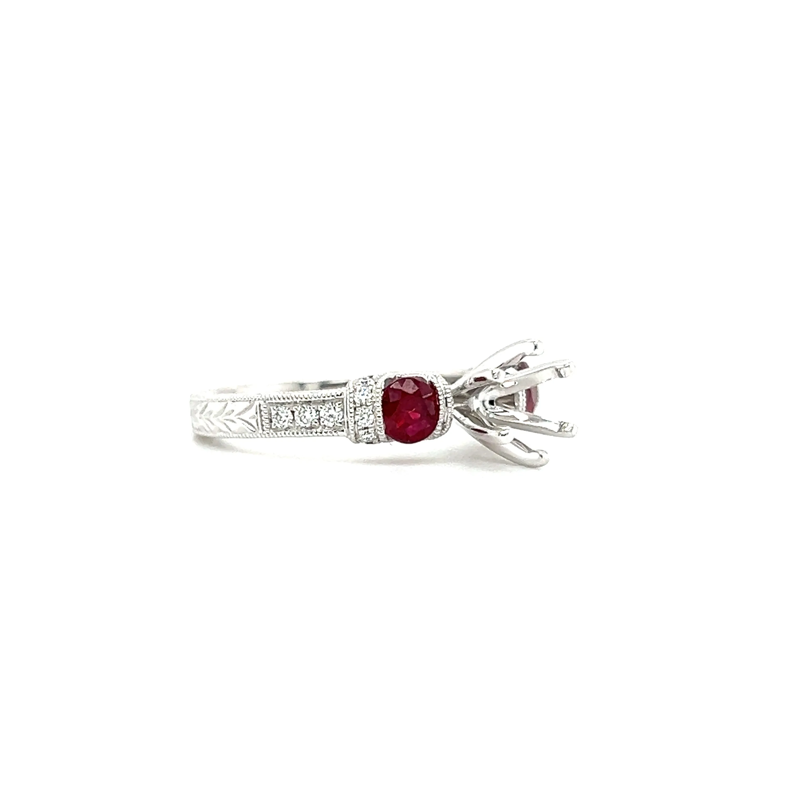 Ruby Three Stone Ring Setting with 0.16ctw of Diamonds in 14K White Gold