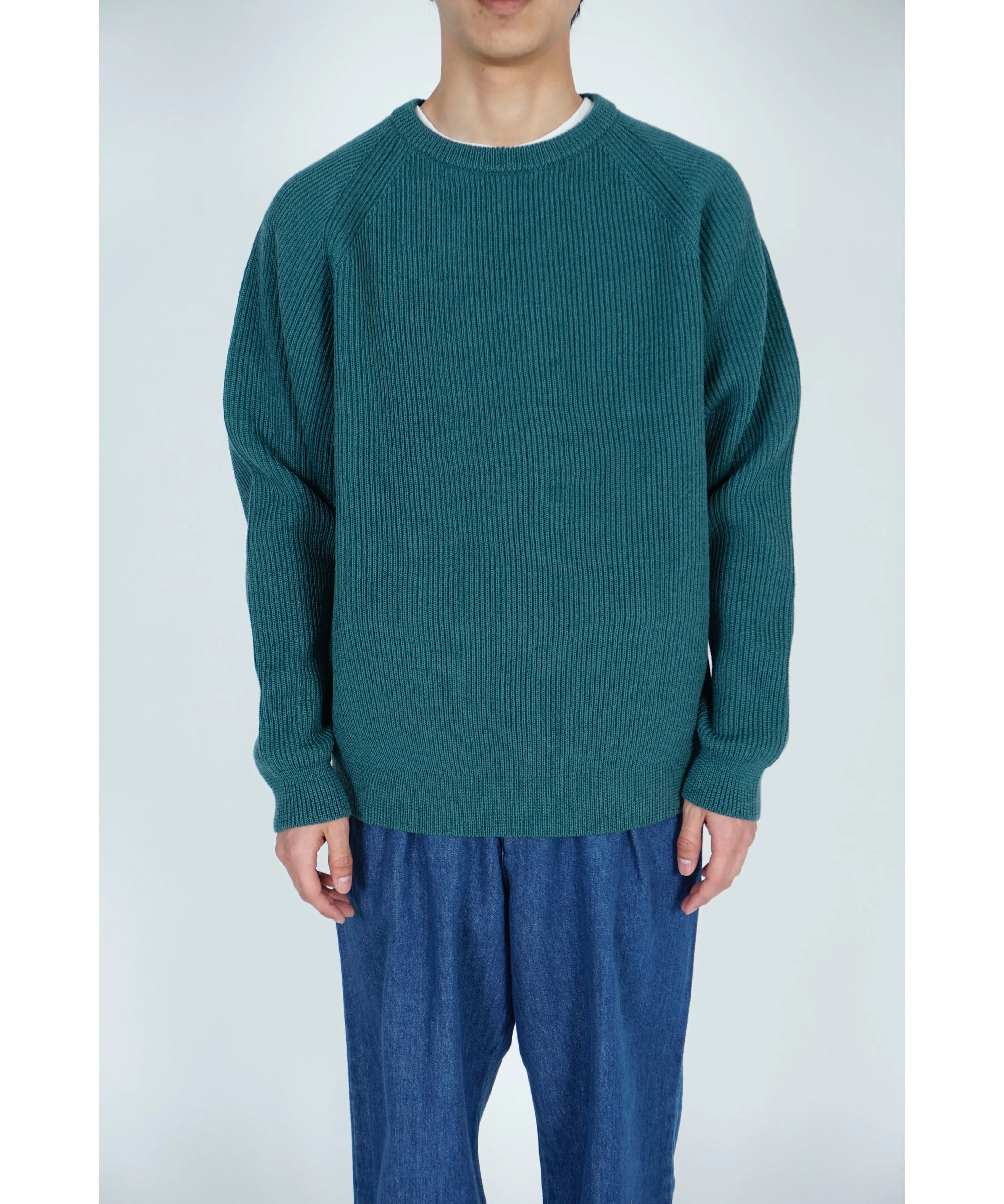 SHETLAND WOOL LOW GAGE CREW NECK KNIT "GREEN"