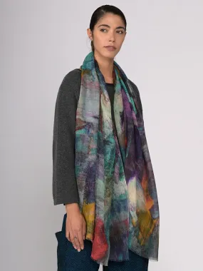 Watercolor Printed Silk and Fine Wool Blend Scarf