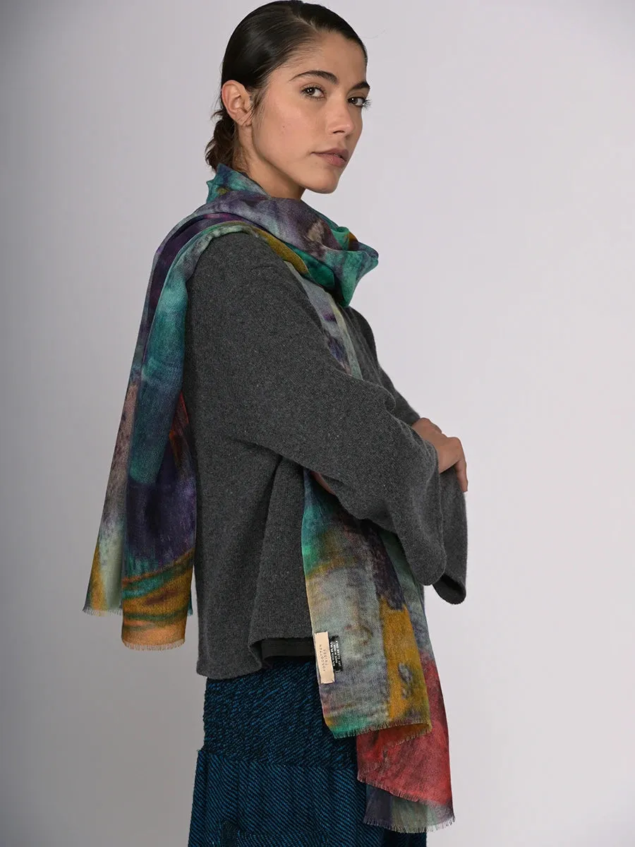 Watercolor Printed Silk and Fine Wool Blend Scarf