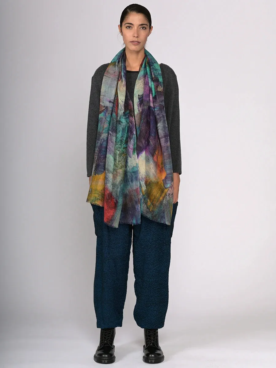 Watercolor Printed Silk and Fine Wool Blend Scarf