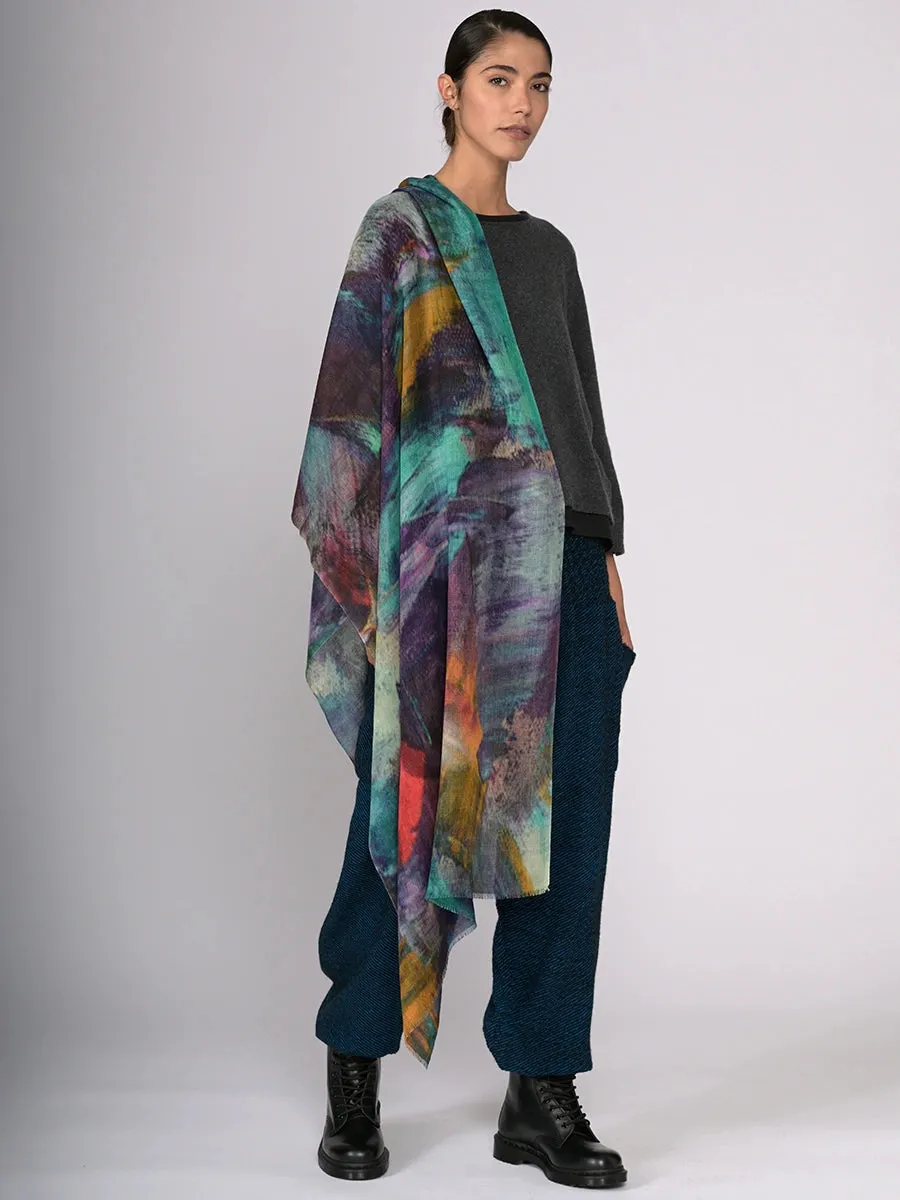 Watercolor Printed Silk and Fine Wool Blend Scarf