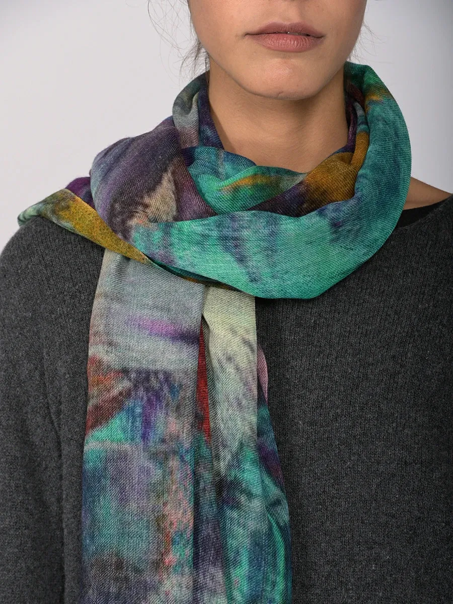 Watercolor Printed Silk and Fine Wool Blend Scarf