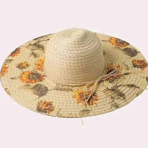 Sun flower Printed Straw Hat-Beige