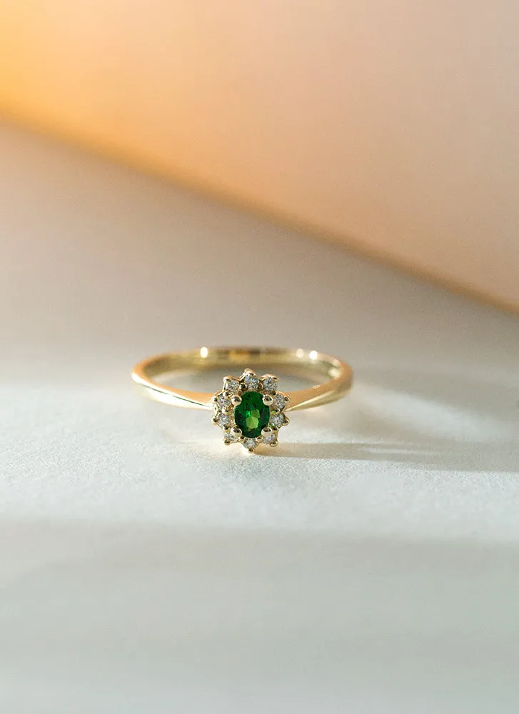 Triss halo diamond tsavorite ring 14k gold