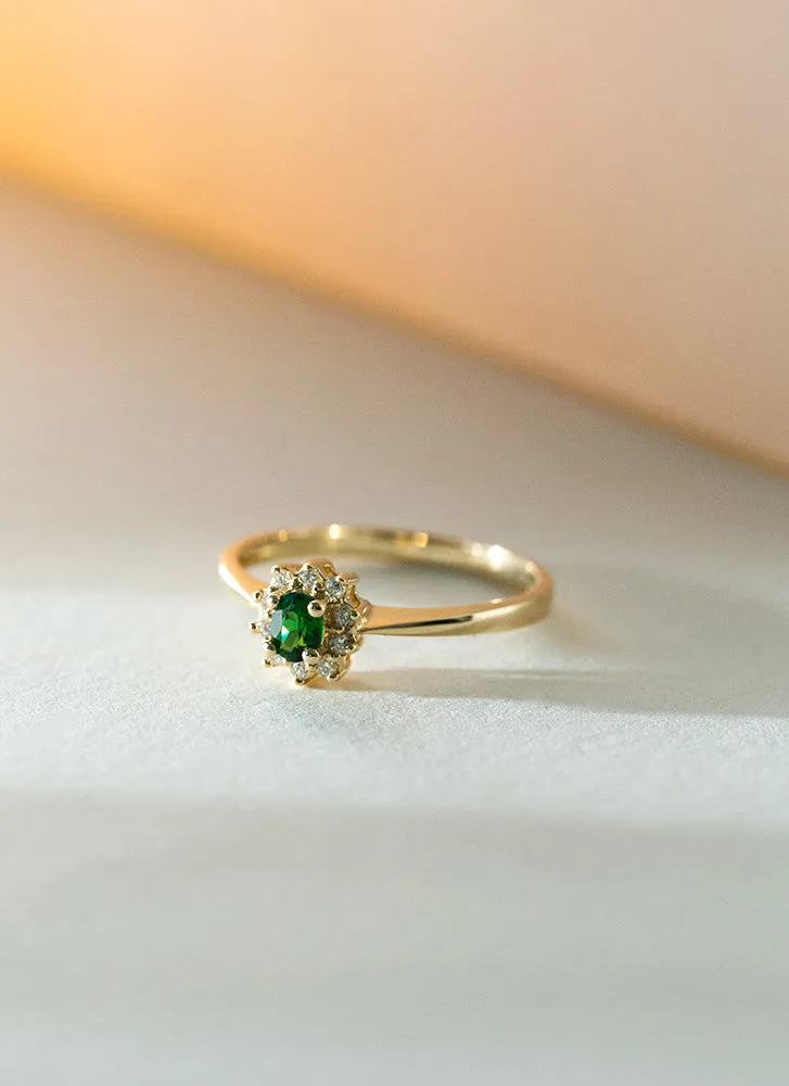 Triss halo diamond tsavorite ring 14k gold