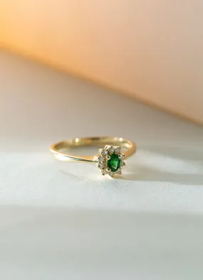 Triss halo diamond tsavorite ring 14k gold