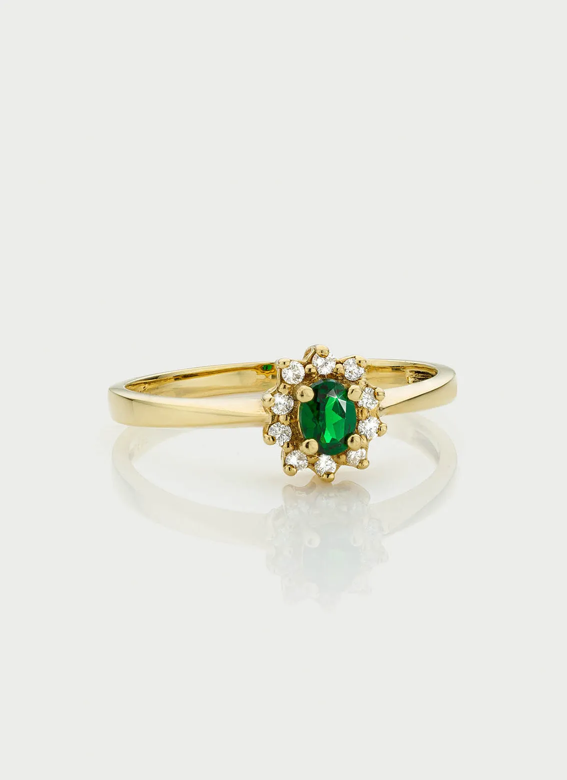 Triss halo diamond tsavorite ring 14k gold