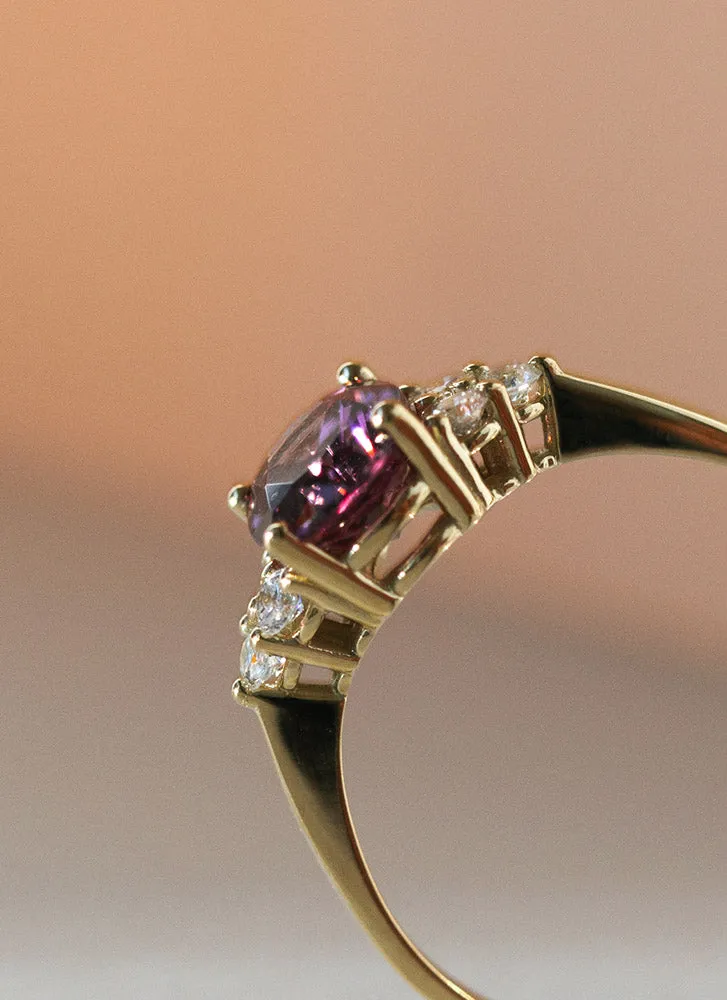 Valentina diamond rhodolite ring 14k gold