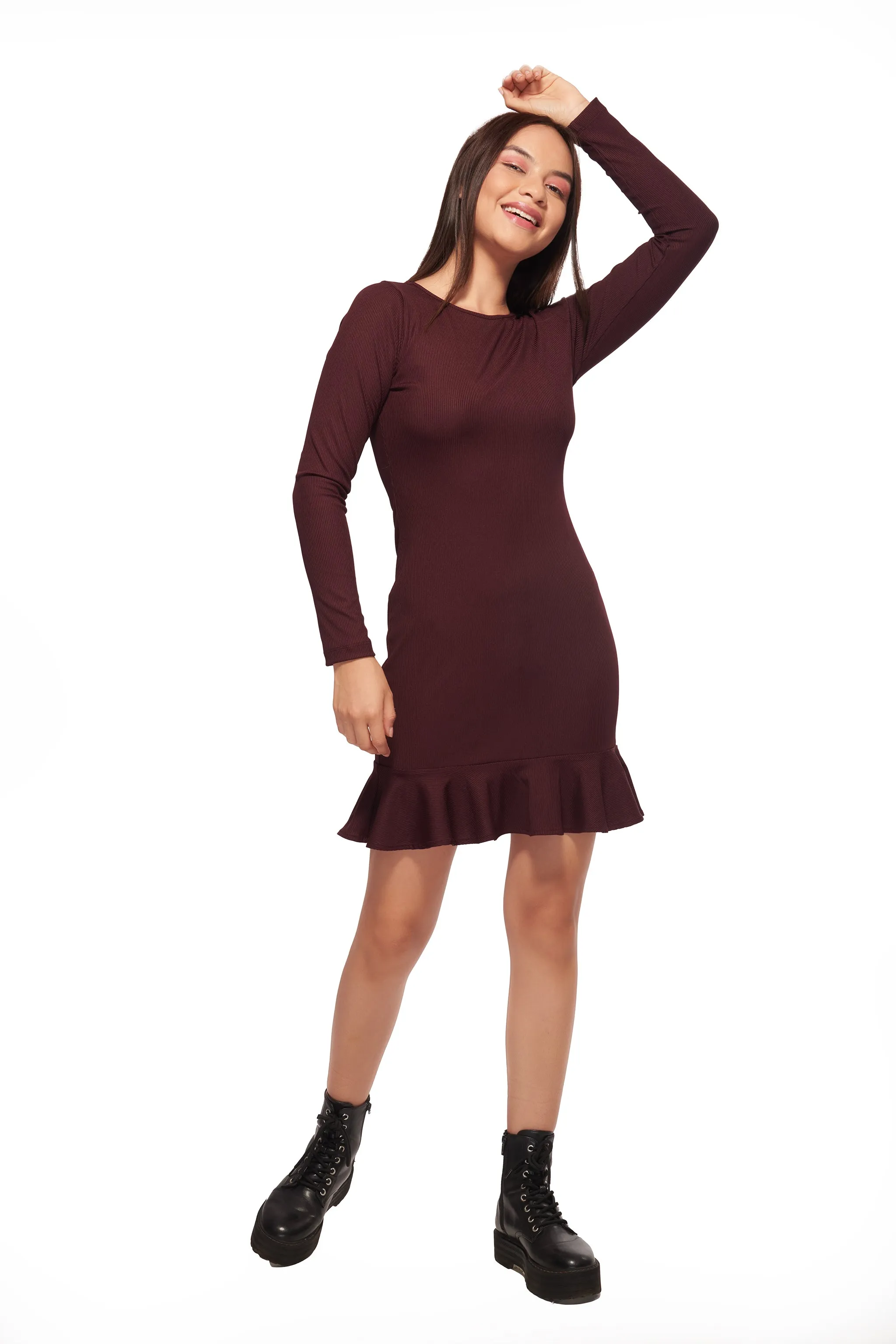 Wine Ruffle Bottom Straight Dress