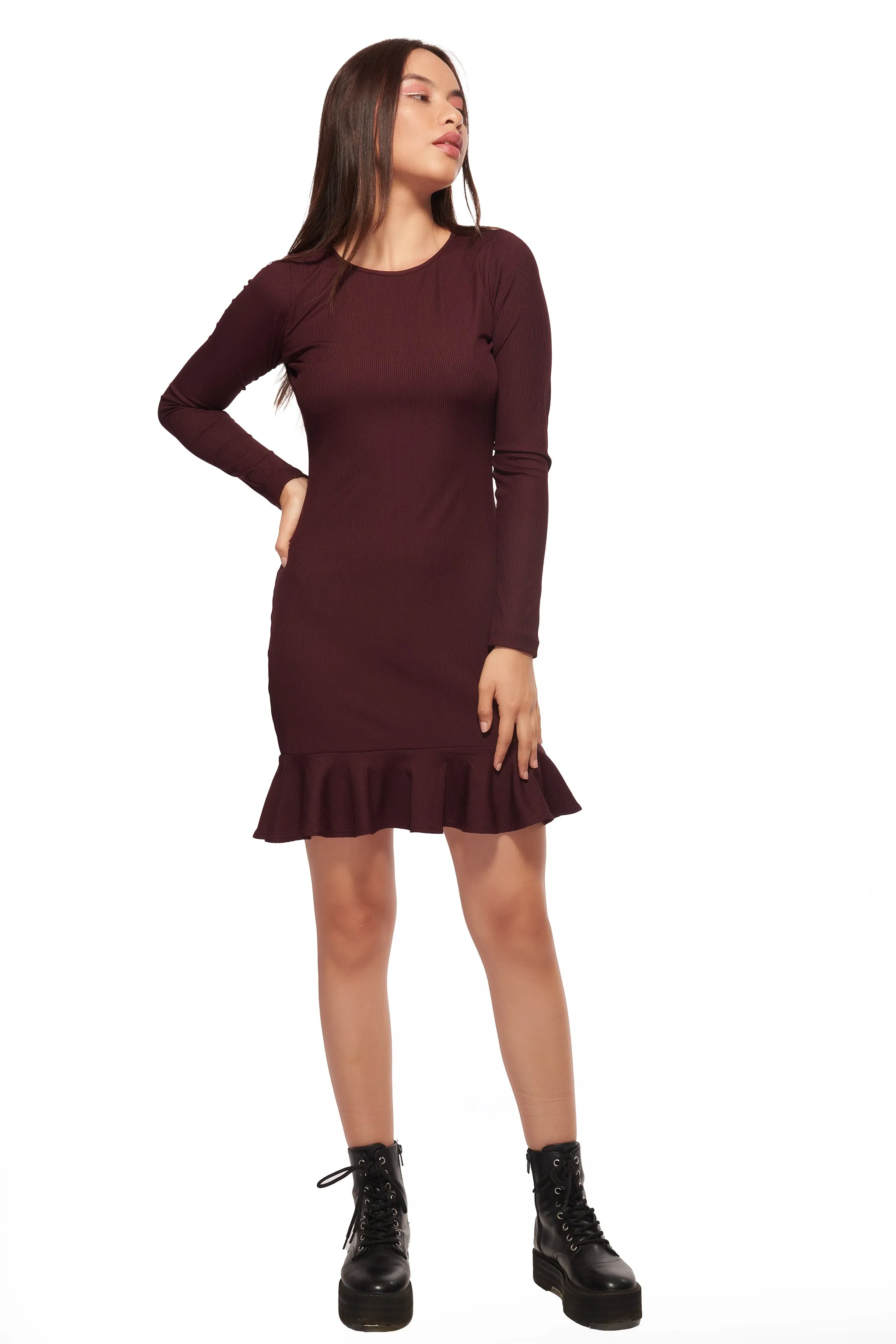 Wine Ruffle Bottom Straight Dress