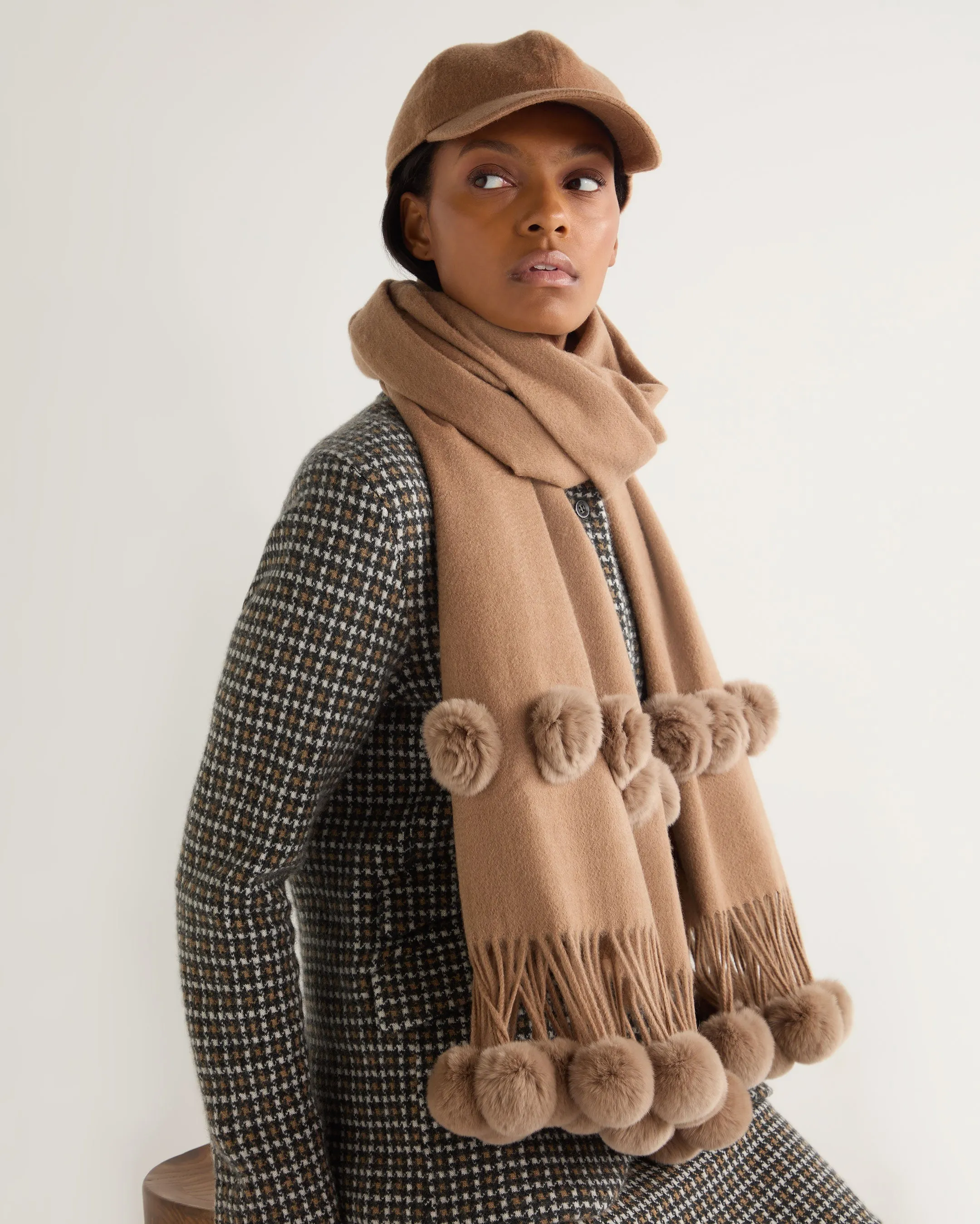 Women's Davos Fur Bobble Woven Shawl Dark Tan Brown