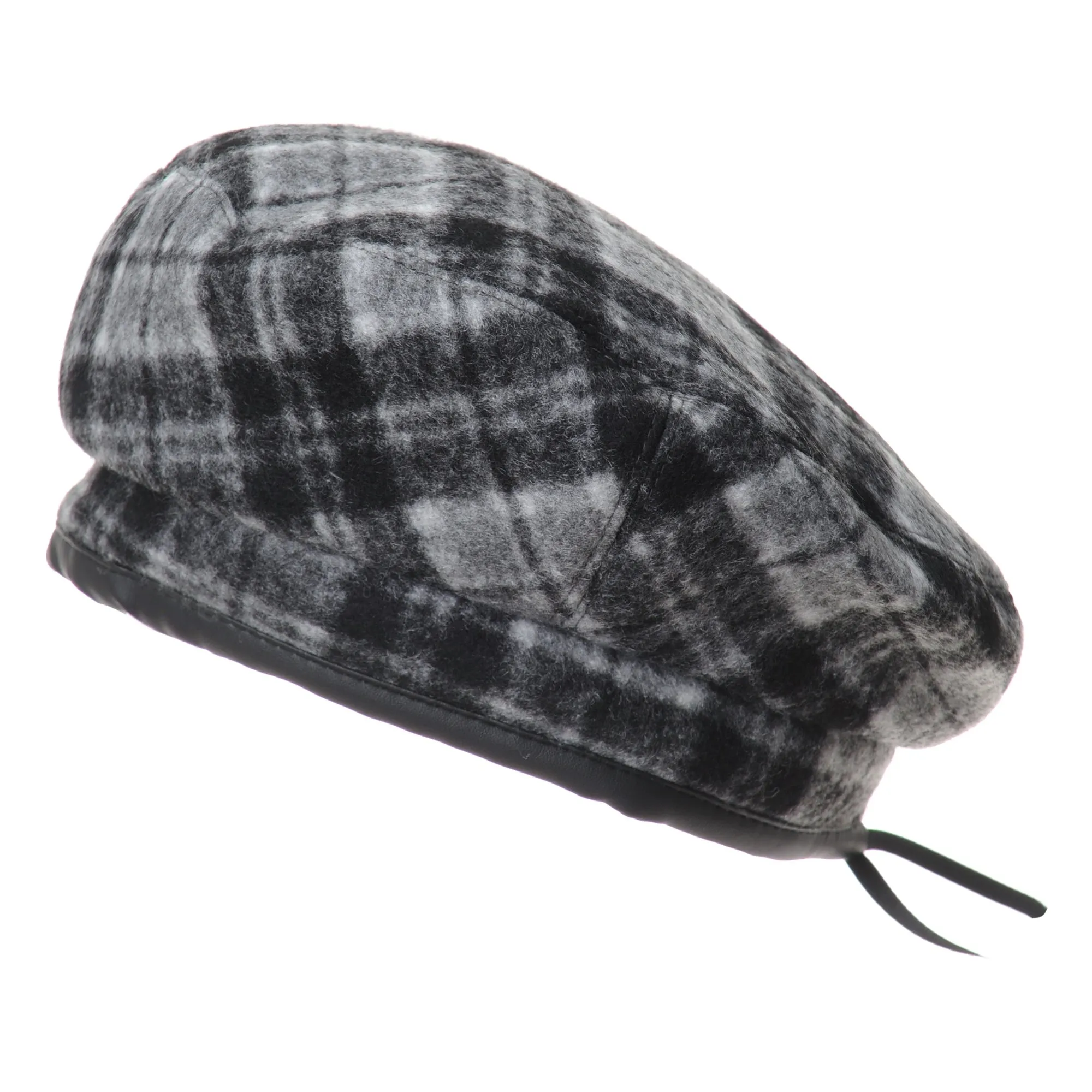 Wool Beret Hat Tartan Check Leather Sweatband